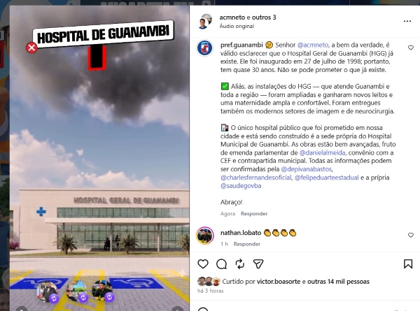 Prefeitura de Guanambi desmente fake News publicada por ACM Neto. “Hospital Geral de Guanambi já existe”